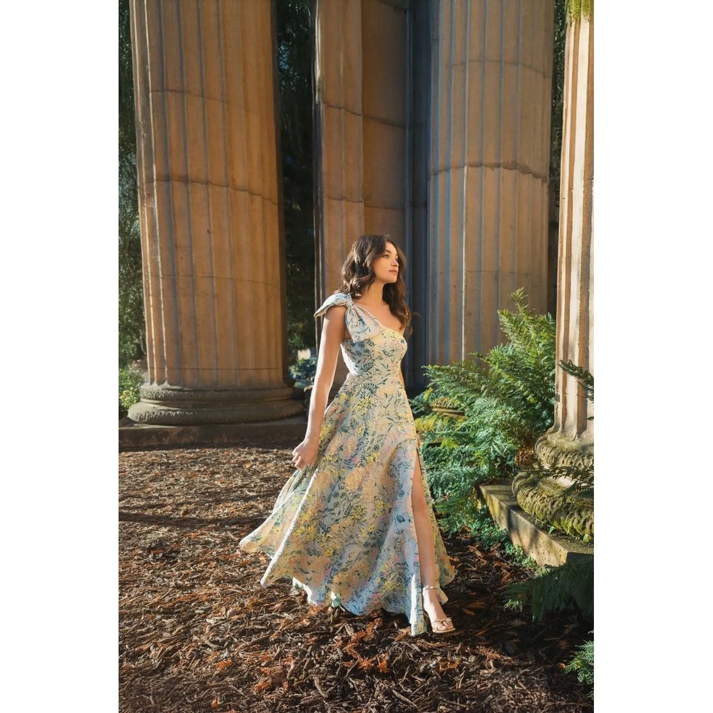 Mac Duggal One-Shoulder Floral Gown in Pastel Green and Pink - Picture 16 of 16